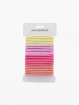 Pack de 24 gomitas de pelo elásticas recubiertas de tela en colores rosa, lila y amarillo.