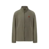 Campera polar Hurley modelo Terra, color verde militar, con cuello alto, cierre frontal completo y bolsillos laterales. Cuenta con un pequeño parche hexagonal de cuero en el pecho.