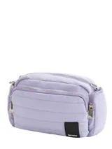 Bandolera negra de tela acolchada con correa ajustable, cierre superior y bolsillos laterales y traseros.