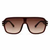 Lentes de sol tipo escudo con armazón de policarbonato marrón oscuro y detalles metálicos dorados en las patillas, con cristales degradados en tonos marrones y protección UV400.