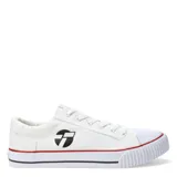 Championes urbanos Topper modelo Wagon, de corte bajo, confeccionados en lona blanca con puntera de goma reforzada. Presentan el logo de la marca en el lateral y suela de goma con detalle de líneas en rojo y negro.