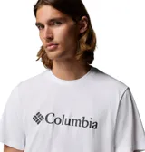 Remera de manga corta blanca de corte clásico, con cuello redondo y el logotipo de Columbia impreso en el pecho.