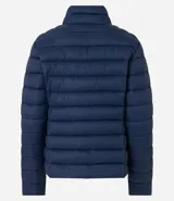 Campera puffer de poliamida color verde oliva, con cuello alto, cierre frontal y diseño acolchado horizontal.