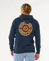 Canguro Rip Curl de color azul marino, con capucha ajustable mediante cordón, bolsillo tipo canguro en la parte frontal y estampado circular con logo en el pecho.