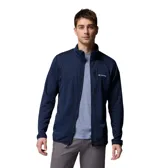 Campera polar de Columbia color azul marino, con cuello alto, cierre frontal completo y un bolsillo en el pecho con cierre.