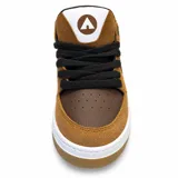 Zapatillas Airwalk Throlle de estilo urbano, color marrón y chocolate con inserciones de gamuza, cordones negros y suela de goma blanca con base marrón.