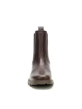 Bota tipo Chelsea de cuero marrón con paneles elásticos laterales, logo de la marca grabado en el talón y suela de goma dentada.