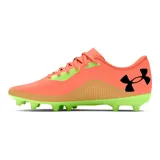 Championes de fútbol Under Armour Shadow Select 2 FG, con diseño en color naranja vibrante y suela verde lima. Presentan parte superior sintética suave, cierre con cordones, plantilla de EVA para mayor comodidad y suela de TPU con tacos cónicos para una tracción óptima.