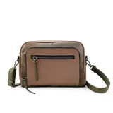 Cartera bandolera de diseño tricolor en tonos amarillo, marrón y negro, con múltiples compartimentos frontales con cierre y correa larga regulable y desmontable.