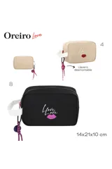 Necessaire rectangular de color negro con cierre superior. Presenta un estampado frontal con la palabra 'Love' y un diseño de labios en color fucsia. Incluye una correa de muñeca blanca con la inscripción 'LOVE OREIRO' y un detalle colgante de cordones trenzados en tonos fucsia y violeta.