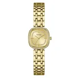 Reloj analógico Guess modelo Hazel con caja cuadrada de 25mm y malla tipo brazalete, todo en tono dorado. La esfera presenta acabado sunray con cristales incrustados en el borde de la caja y en el interior de la esfera.