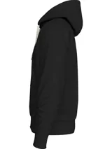 Buzo negro de felpa de algodón con capucha y cordón ajustable, cierre de cremallera frontal, bolsillos tipo canguro y logo de Tommy Hilfiger bordado en el pecho.