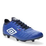 Championes de fútbol 11 Umbro modelo Legend, color azul con detalles en blanco y negro. Presentan el logo de la marca en el lateral, costuras reforzadas en la puntera y suela con tapones para césped natural o sintético.