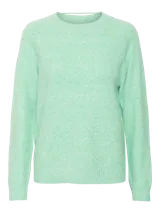 Sweater tejido de punto color verde menta melange, con cuello redondo, mangas largas y puños acanalados.