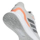 Championes de running Adidas Runfalcon 5 para mujer, color blanco con detalles en gris y naranja. Presentan un upper de malla transpirable, mediasuela Cloudfoam para amortiguación y suela Adiwear para tracción.