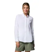 Camisa de manga larga Columbia modelo Tamiami II, color blanco, con cuello clásico, cierre frontal de botones y bolsillo pequeño en el pecho con logo de la marca. Presenta un diseño técnico con aberturas de ventilación, ideal para actividades al aire libre.