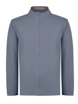 Buzo de algodón orgánico color gris de la marca RKF, modelo Rimini. Cuenta con cuello alto, cierre frontal oculto, mangas largas y detalles en contraste en el interior del cuello.