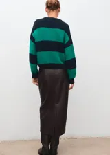 Jersey de punto de corte recto con diseño de rayas horizontales en verde y azul marino. Presenta cuello redondo y manga larga.