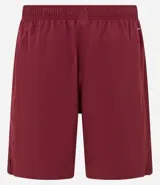 Bermuda deportiva gris con cintura elástica, cordón de ajuste, bolsillos con cremallera, recorte lateral con agujeritos y abertura en el bajo.