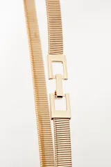 Cinturón metálico dorado de malla flexible, con cierre de gancho rectangular entrelazado.