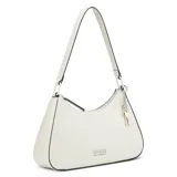 Cartera Guess modelo Layla de diseño tipo hobo en color blanco, confeccionada en material sintético con detalles y bordes en negro. Cuenta con cierre superior, una manija de hombro y dijes colgantes decorativos con forma de llaves.