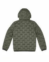Campera puffer negra con capucha integrada, confeccionada en nylon con textura termosellada. Presenta cierre frontal y bolsillos laterales con cremalleras en color azul vibrante, que contrastan con el tono oscuro de la prenda.