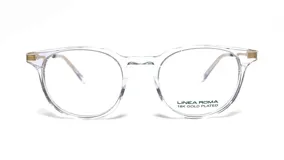 Armazón de anteojos Linea Roma modelo 111, con marco de acetato transparente y detalles enchapados en oro 18k en las bisagras.