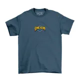 Remera de algodón color gris melange con estampa frontal y trasera de una porción de pizza con diseño caricaturesco y expresivo.