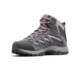 Championes de trekking Columbia modelo Crestwood Mid Waterproof, de caña media, color gris con detalles en rojo. Confeccionados en gamuza y malla, cuentan con suela de goma con relieve para mayor tracción y cordones reforzados.