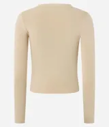 Suéter de punto ajustado al cuerpo, color beige, con escote en V y mangas largas.