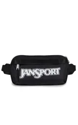 Riñonera JanSport modelo Washington Waistpack, color negro con logo de la marca estampado en blanco en el frente. Cuenta con cierre principal y correa ajustable.