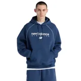 Canguro New Balance de color azul con capucha y cordones ajustables. Presenta un diseño de mangas raglán con ribetes blancos, bolsillo tipo canguro frontal y el logo de la marca estampado en el pecho.