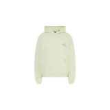 Hoodie de algodón color verde claro con capucha, bolsillo frontal tipo canguro y pequeño estampado gráfico en el pecho. Diseño holgado con puños y dobladillo de canalé.