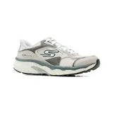 Championes deportivos Skechers modelo Go Run Arch Fit 2.0, en tonos gris y blanco. Presentan una parte superior de malla técnica con refuerzos de gamuza, tecnología Slip-ins para un calce fácil, sistema de soporte Arch Fit en la plantilla y entresuela con amortiguación ultraligera.