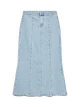 Falda larga de denim color celeste, de tiro alto y corte evasé, con costuras verticales decorativas.