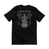 Remera negra de algodón con estampa gráfica en la espalda que representa una figura robótica de estilo hindú con múltiples brazos, rodeada de elementos mecánicos y el texto Emexem Originals.