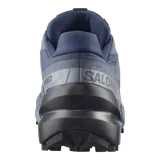 Calzado de trekking Salomon modelo Speedcross 6, en tonos gris y verde claro, diseñadas para trail running con suela de gran tracción y cordones de ajuste rápido.