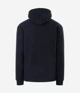 Buzo cerrado Marfinno de fleece en color negro, con capucha ajustable mediante cordón, bolsillo tipo canguro al frente, y puños y cintura elásticos.