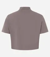 Remera cropped marrón con cuello alto acanalado y mangas cortas.