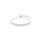 Pulsera plateada con cristales blancos redondos engarzados en bisel. Tiene un cierre deslizante que permite ajustarla a la muñeca.