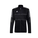 Campera Adidas de hombre, color negro con detalles reflectantes y tres rayas plateadas en los hombros. Cuenta con bolsillos con cierre, cuello alto y tecnología Aeroready.