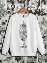 Buzo blanco de felpa con cuello redondo, puños y cintura acanalados. Estampado frontal con diseño tribal y la frase "Makosh".