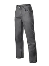 Pantalón de jean gris de corte regular fit, con diseño de cinco bolsillos y cierre frontal con botón y cremallera.