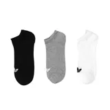 Pack de tres pares de medias tobilleras Adidas en colores negro, gris melange y blanco, con el logo del Trifolio bordado en el empeine.