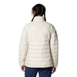 Campera acolchada Columbia modelo Powder Lite II, color beige, con cierre frontal completo, cuello alto con protección de barbilla y bolsillos laterales con cremallera. Cuenta con tecnología Omni-Heat™ termorreflectante y aislamiento sintético Thermarator™.