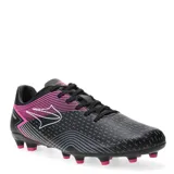 Championes de fútbol Topper modelo Stingray III Mach 1 FG, color negro con detalles en fucsia y blanco. Presentan un diseño aerodinámico con estampado lineal, cierre de cordones y suela con tapones para césped natural.