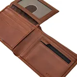 Billetera marrón de cuero sintético con logo Rip Curl grabado en el frente.
