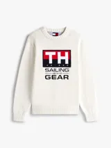 Sweater blanco de algodón con cuello redondo y logo 'TH Sailing Gear' estampado en el pecho.