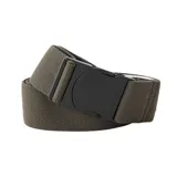 Cinturón verde oliva de tela elástica con hebilla plástica negra de apertura rápida.