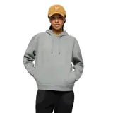 Buzo con capucha de felpa francesa, color gris melange, con bolsillo tipo canguro delantero, cordones ajustables y logo bordado en el dobladillo.